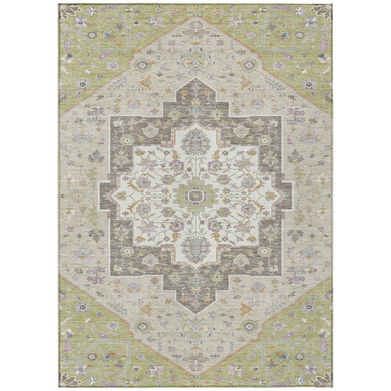5' X 8' Green And Beige Floral Medallion Washable Indoor Outdoor Area Rug Homeroots Outdoor