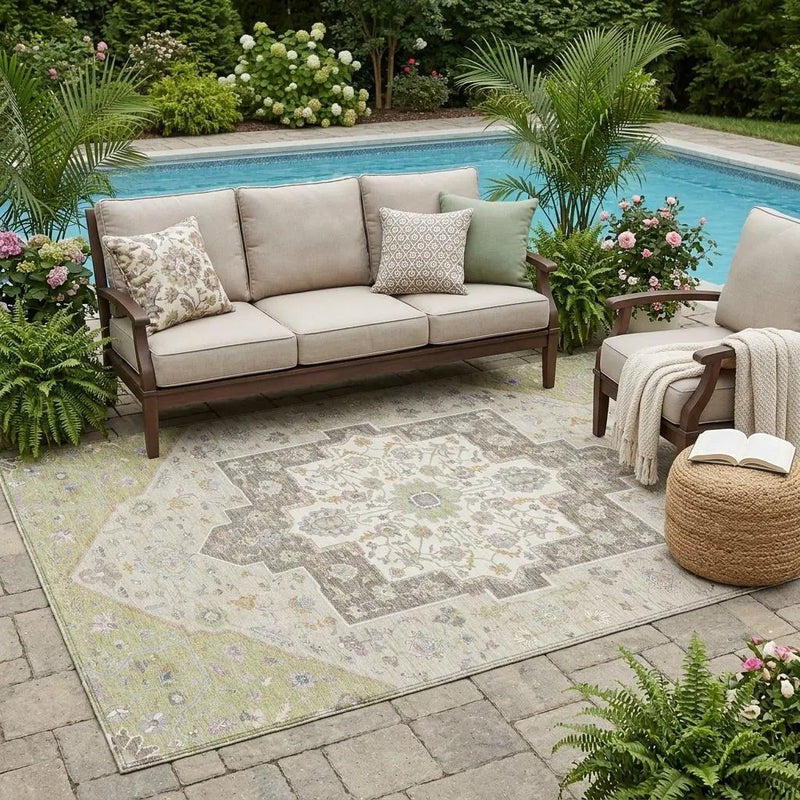 5' X 8' Green And Beige Floral Medallion Washable Indoor Outdoor Area Rug Homeroots Outdoor