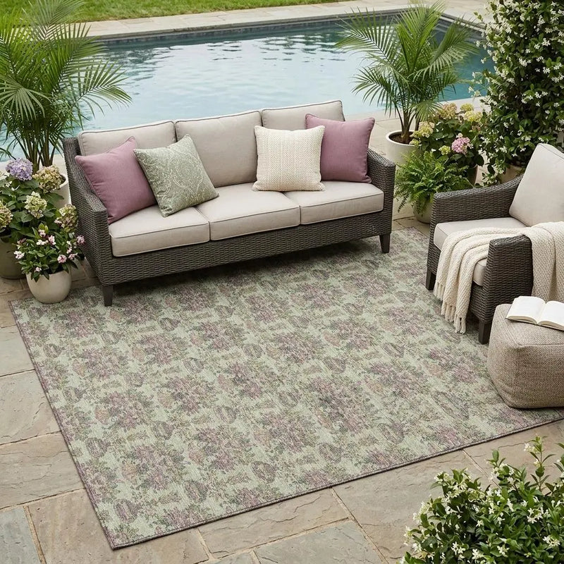 5' X 8' Green And Beige Floral Washable Indoor Outdoor Area Rug Homeroots Outdoor