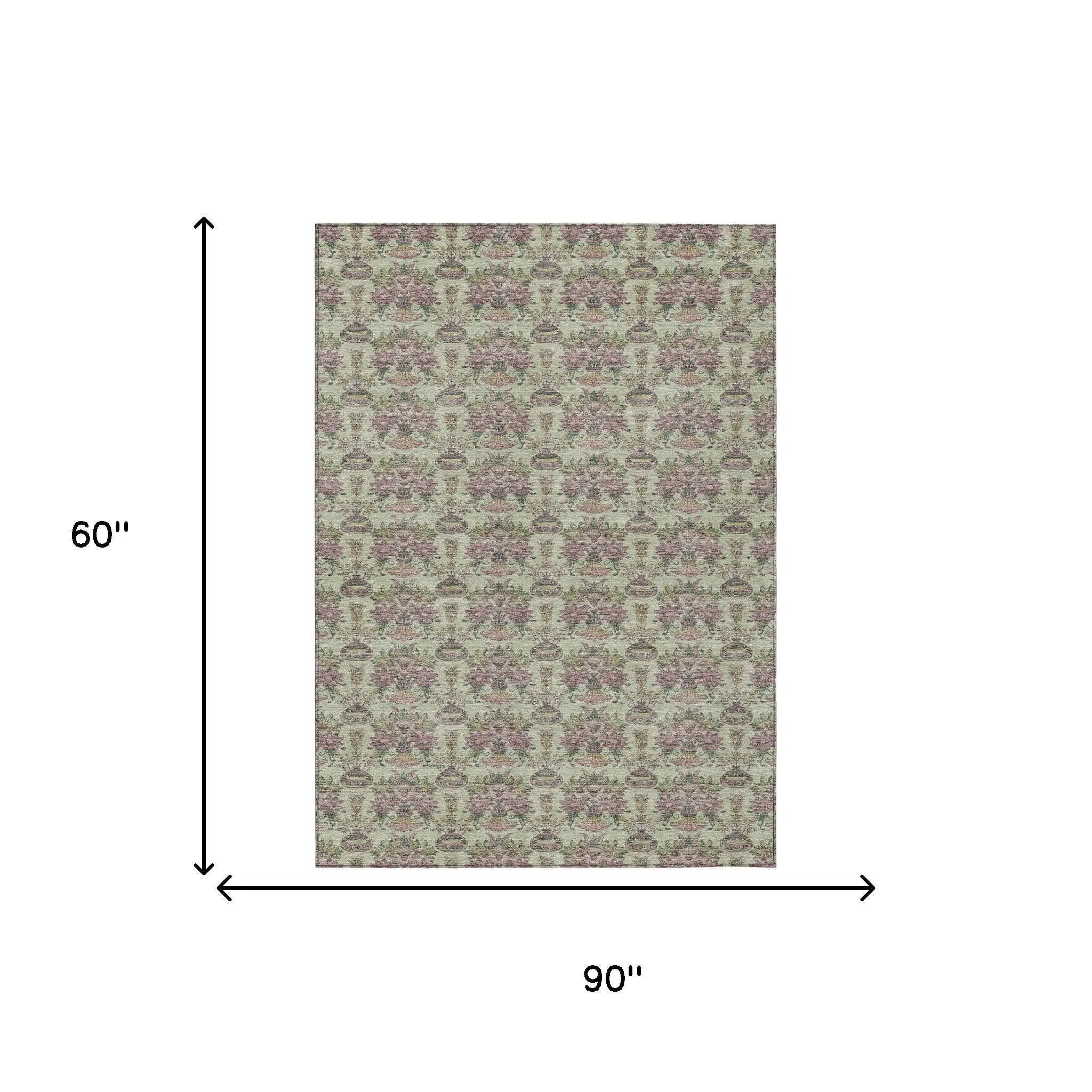 5' X 8' Green And Beige Floral Washable Indoor Outdoor Area Rug Homeroots Outdoor