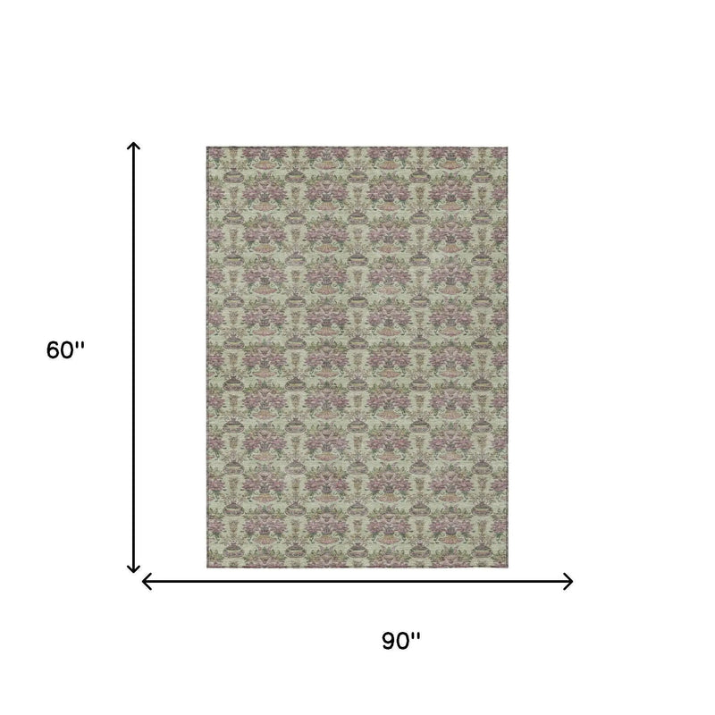 5' X 8' Green And Beige Floral Washable Indoor Outdoor Area Rug Homeroots Outdoor