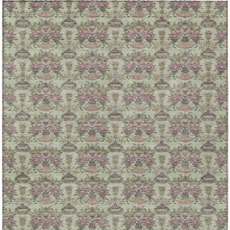 5' X 8' Green And Beige Floral Washable Indoor Outdoor Area Rug Homeroots Outdoor