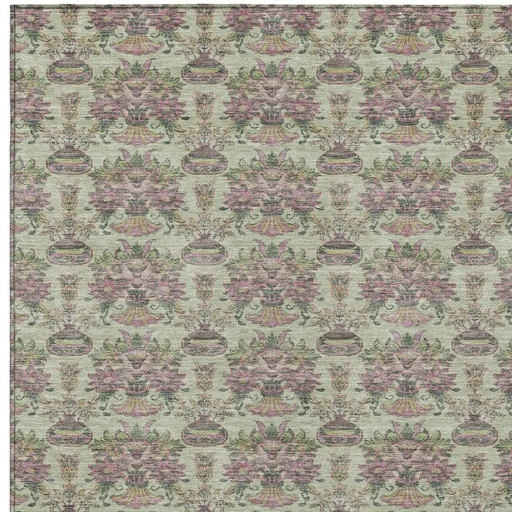 5' X 8' Green And Beige Floral Washable Indoor Outdoor Area Rug Homeroots Outdoor
