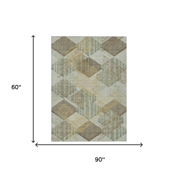 5' X 8' Green And Beige Geometric Washable Indoor Outdoor Area Rug Homeroots Outdoor