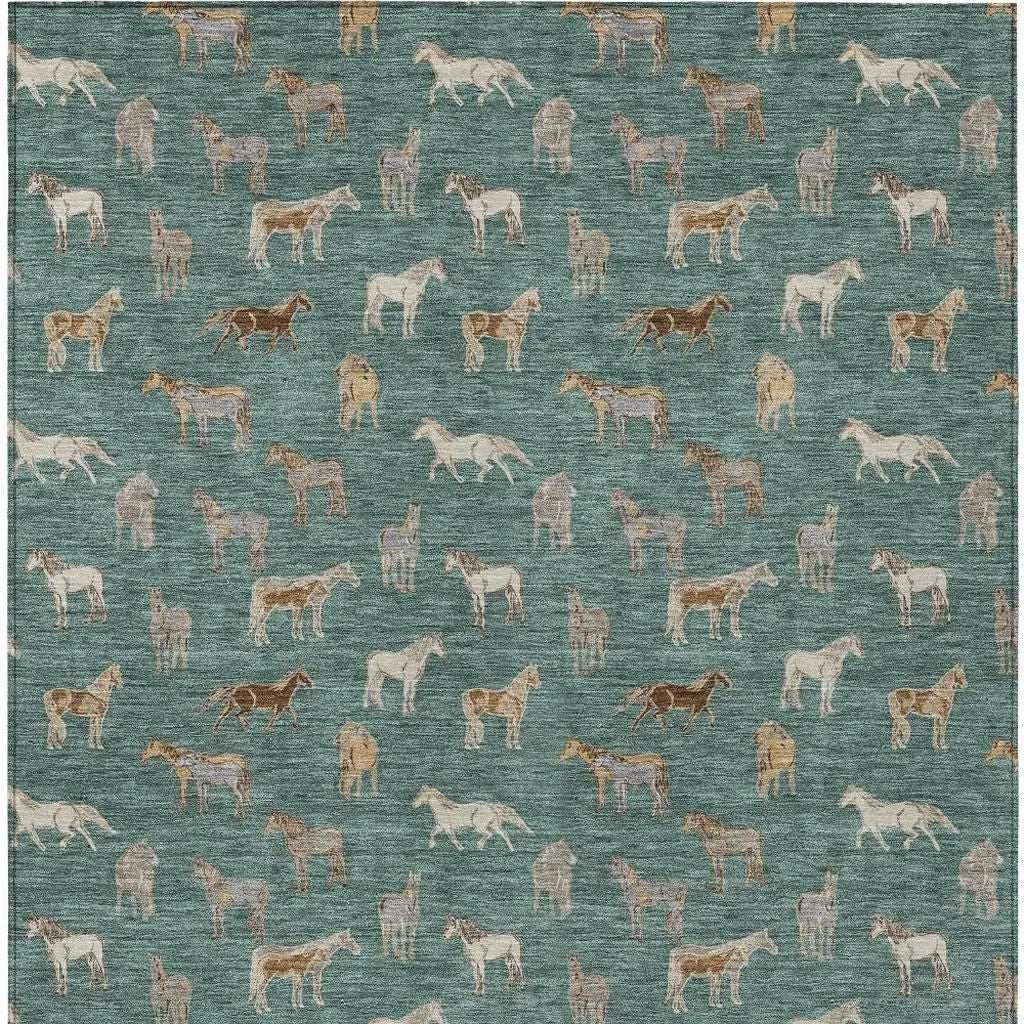 5' X 8' Green And Beige Horse Washable Indoor Outdoor Area Rug Homeroots Outdoor