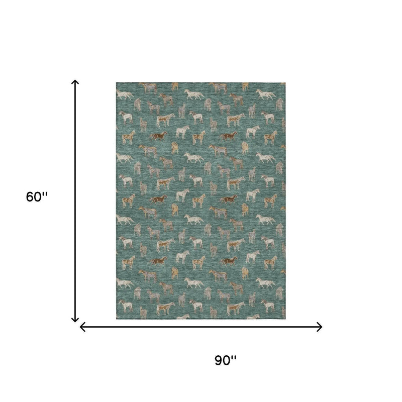 5' X 8' Green And Beige Horse Washable Indoor Outdoor Area Rug Homeroots Outdoor
