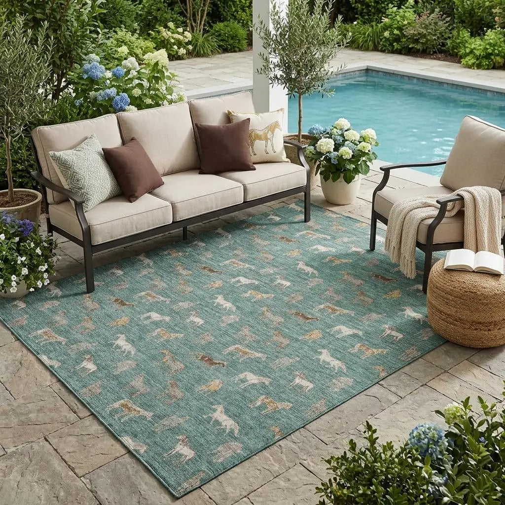 5' X 8' Green And Beige Horse Washable Indoor Outdoor Area Rug Homeroots Outdoor