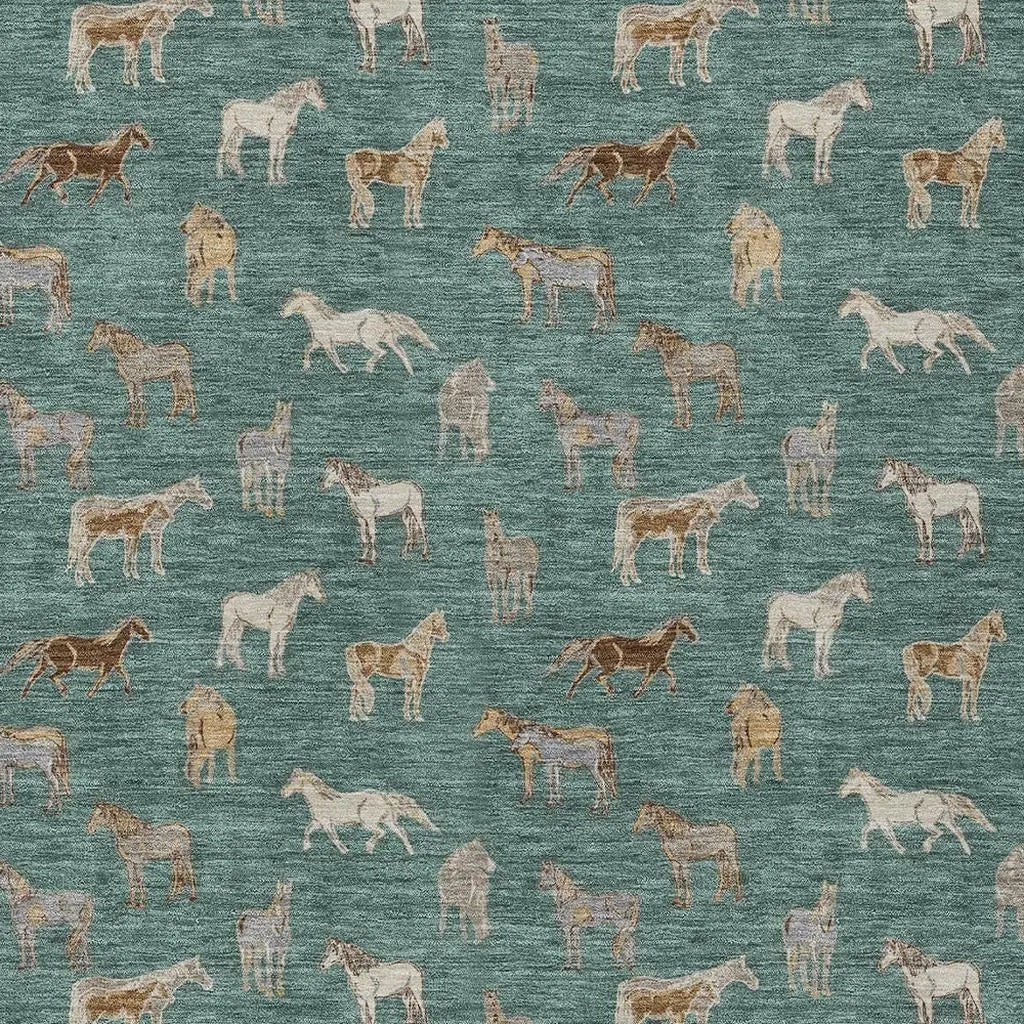5' X 8' Green And Beige Horse Washable Indoor Outdoor Area Rug Homeroots Outdoor