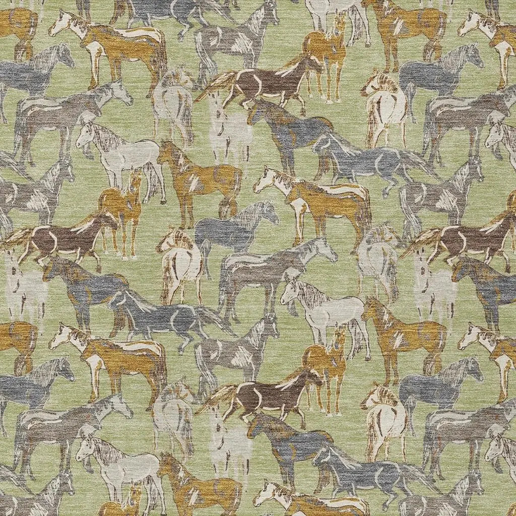 5' X 8' Green And Beige Horse Washable Indoor Outdoor Area Rug Homeroots Outdoor