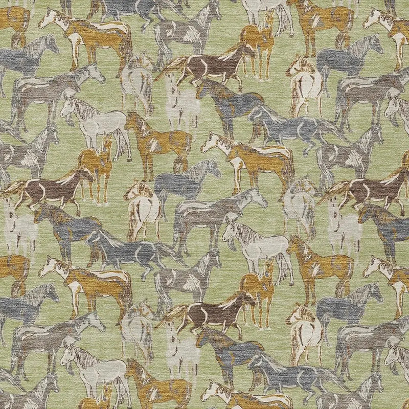 5' X 8' Green And Beige Horse Washable Indoor Outdoor Area Rug Homeroots Outdoor