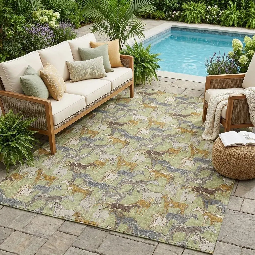 5' X 8' Green And Beige Horse Washable Indoor Outdoor Area Rug Homeroots Outdoor