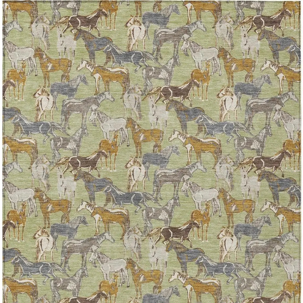 5' X 8' Green And Beige Horse Washable Indoor Outdoor Area Rug Homeroots Outdoor