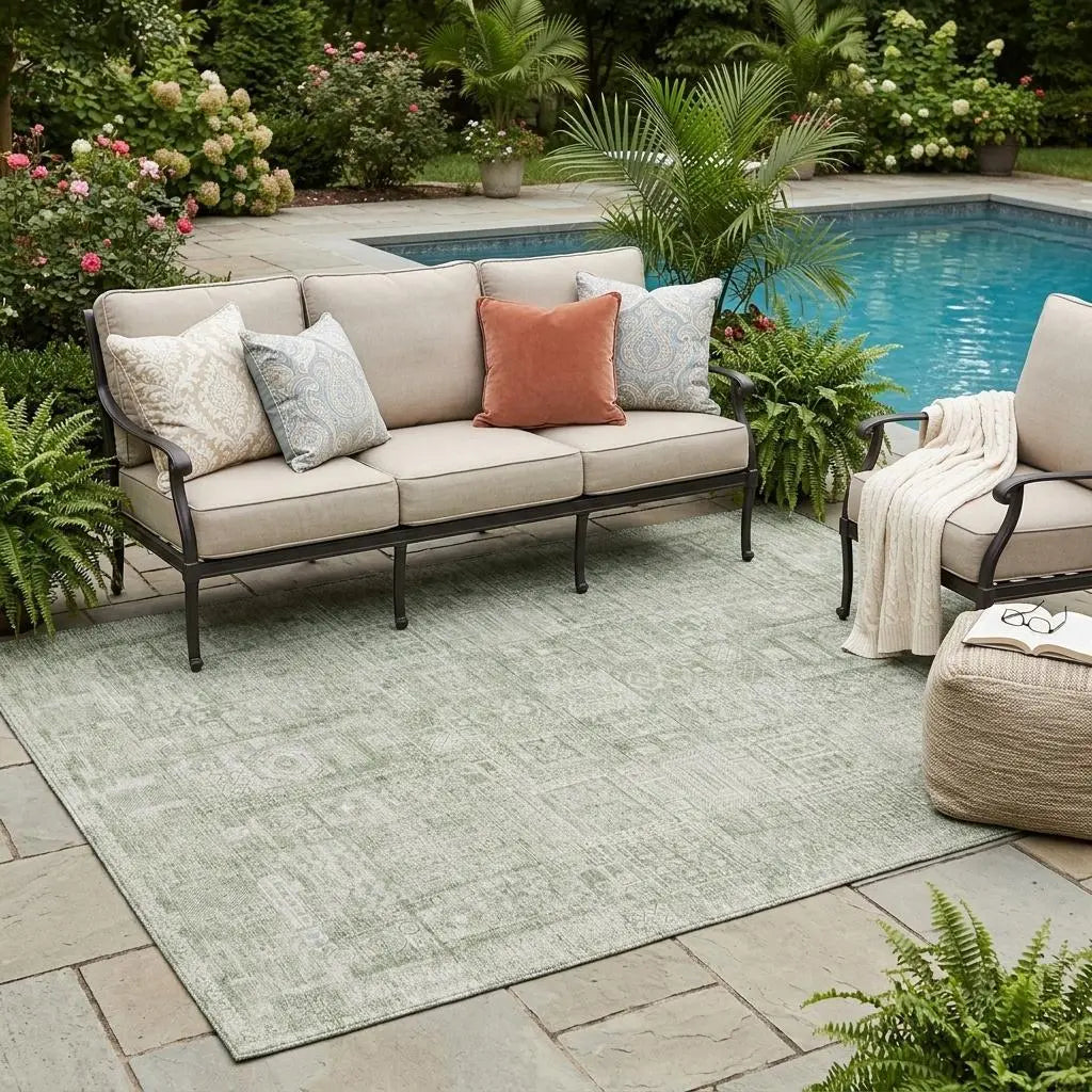 5' X 8' Green And Beige Oriental Washable Indoor Outdoor Area Rug Homeroots Outdoor