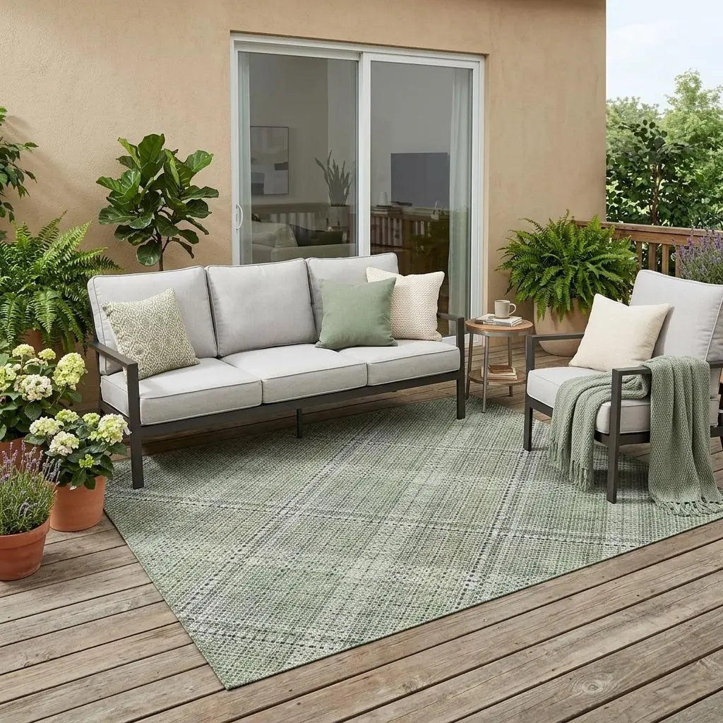 5' X 8' Green And Beige Plaid Washable Indoor Outdoor Area Rug Homeroots Outdoor