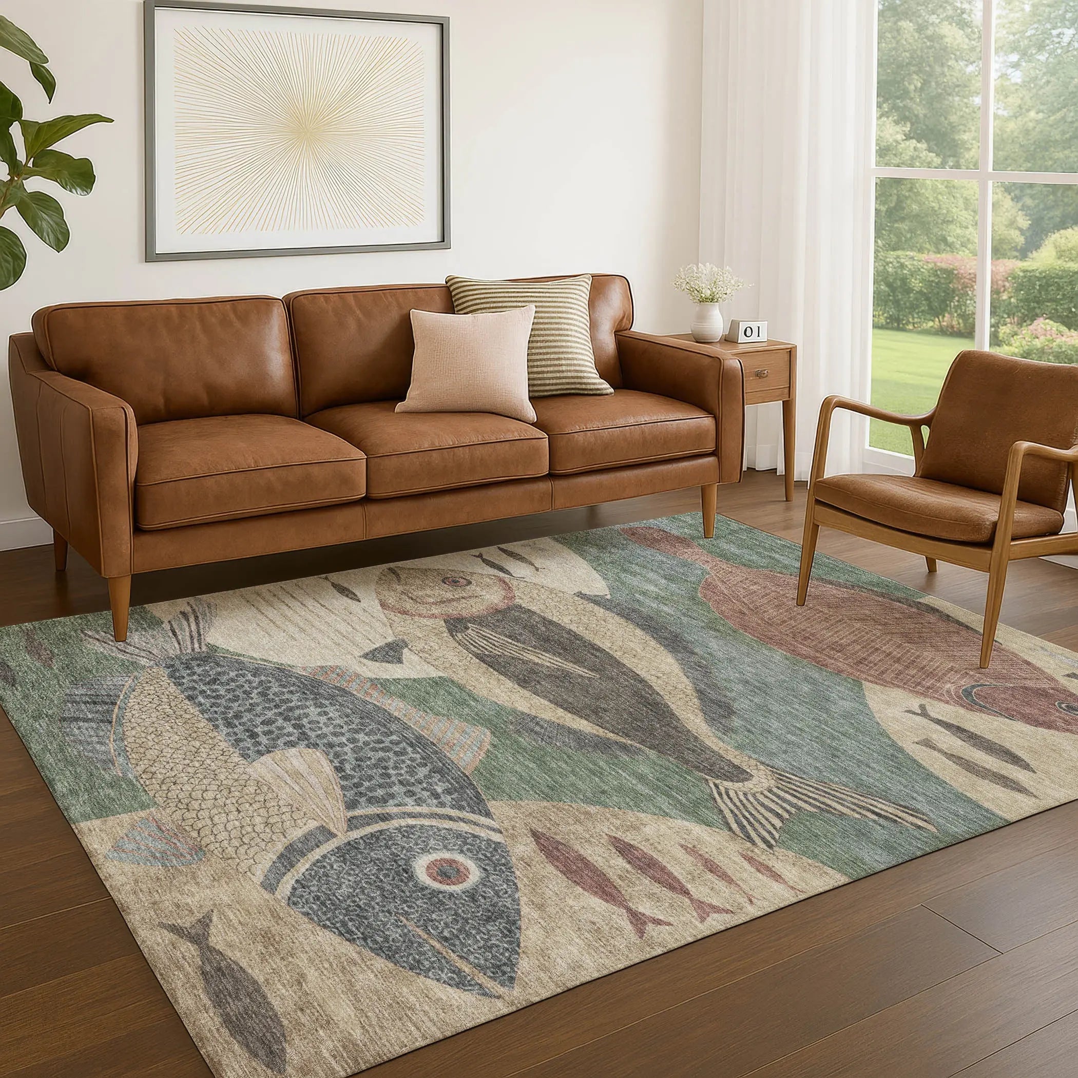 5' X 8' Green And Beige Tropical Fish Washable Indoor Outdoor Area Rug Homeroots Outdoor