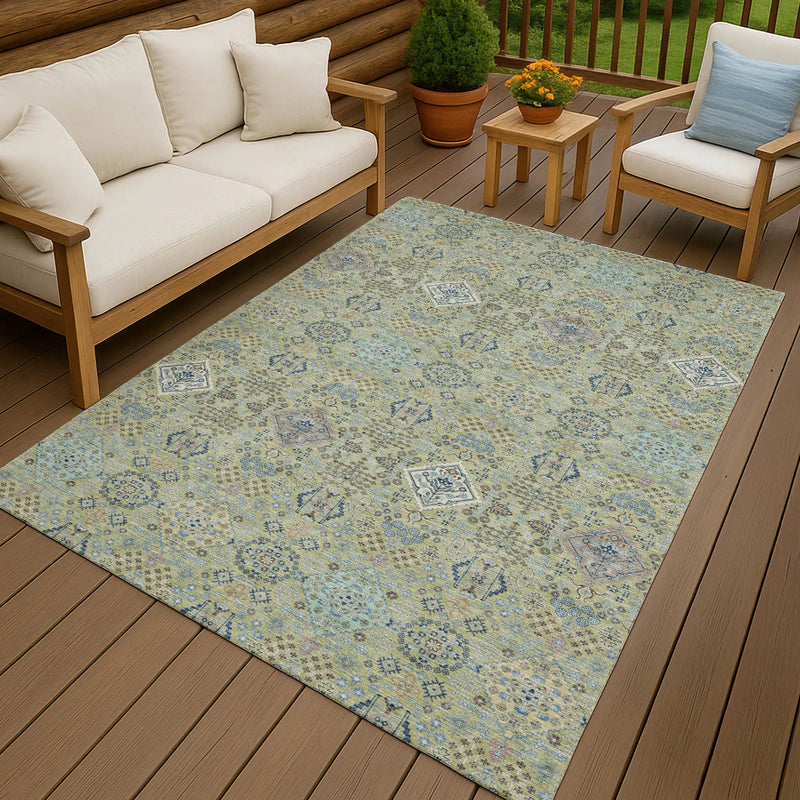5' X 8' Green And Blue Oriental Washable Indoor Outdoor Area Rug Homeroots Outdoor