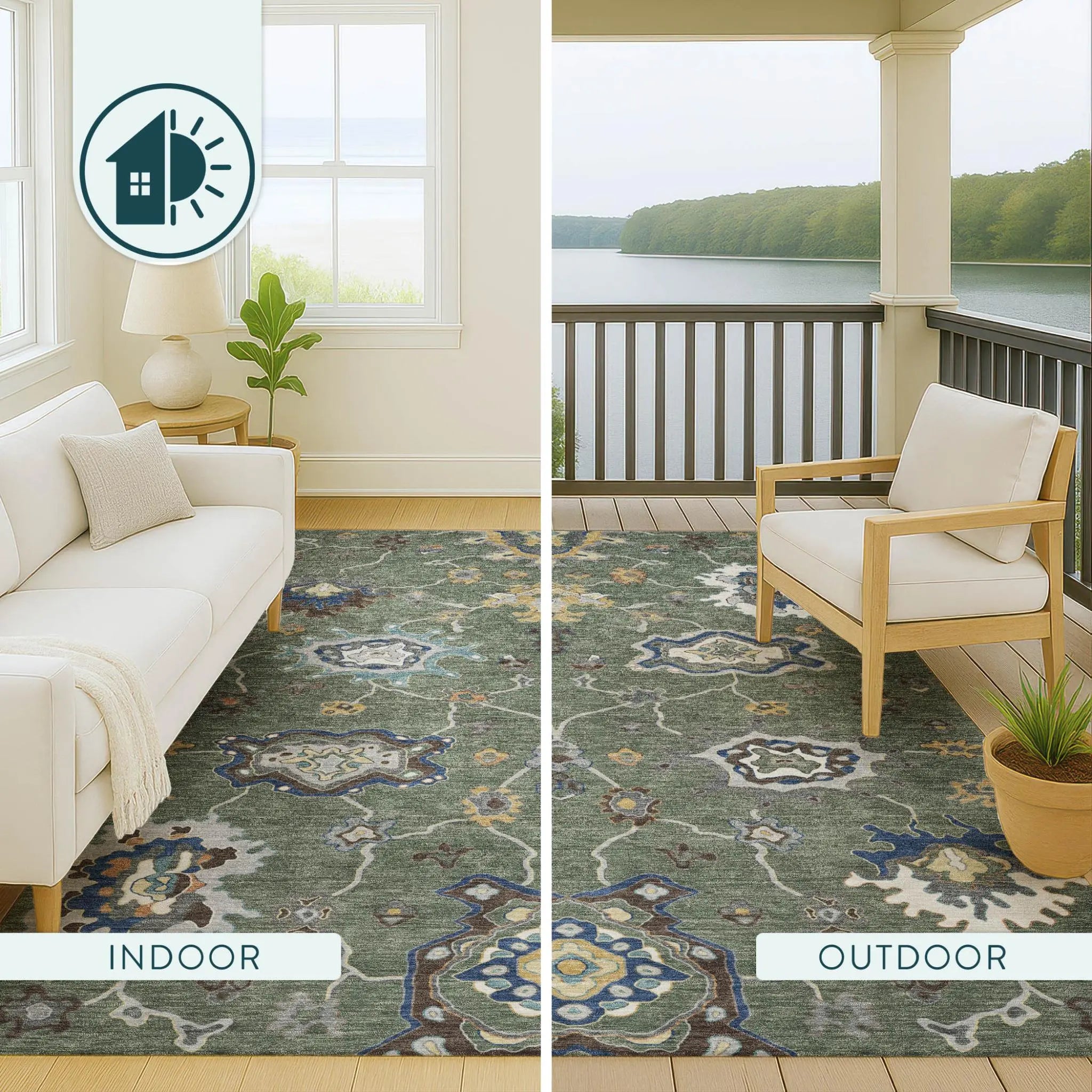 5' X 8' Green And Blue Oriental Washable Indoor Outdoor Area Rug Homeroots Outdoor