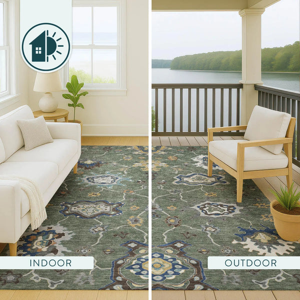 5' X 8' Green And Blue Oriental Washable Indoor Outdoor Area Rug Homeroots Outdoor