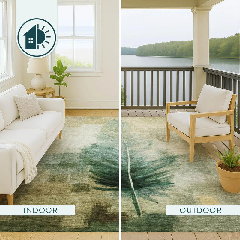 5' X 8' Green And Brown Botanical Leaves Washable Indoor Outdoor Area Rug Homeroots Outdoor
