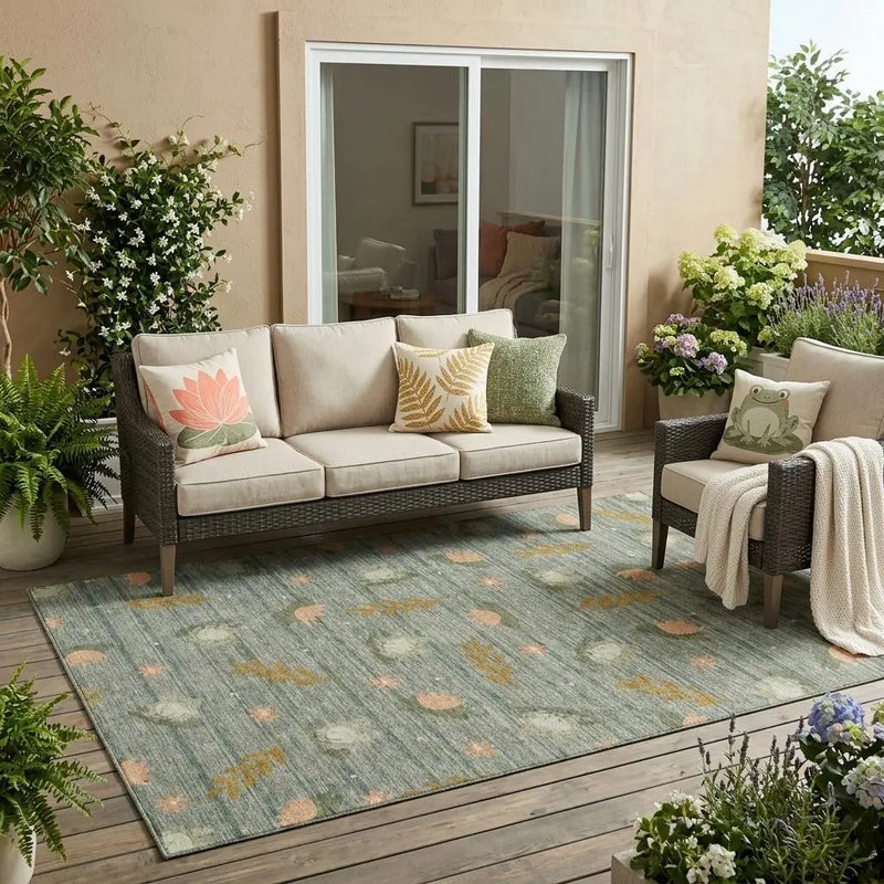 5' X 8' Green And Brown Botanical Leaves Washable Indoor Outdoor Area Rug Homeroots Outdoor