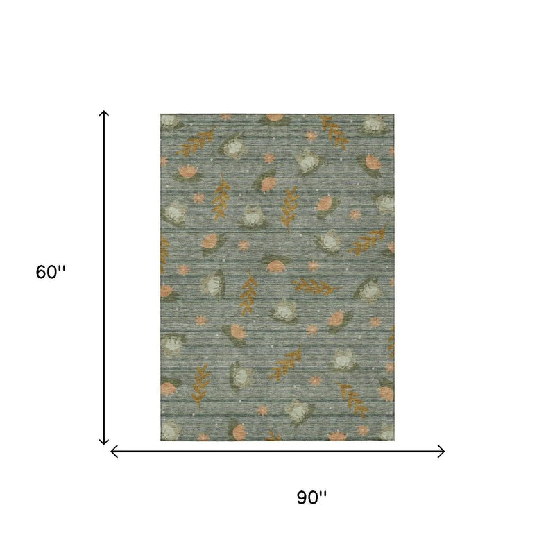 5' X 8' Green And Brown Botanical Leaves Washable Indoor Outdoor Area Rug Homeroots Outdoor