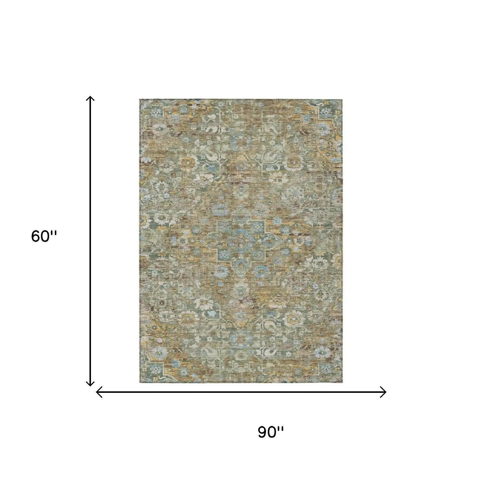 5' X 8' Green And Brown Floral Medallion Washable Indoor Outdoor Area Rug Homeroots Outdoor