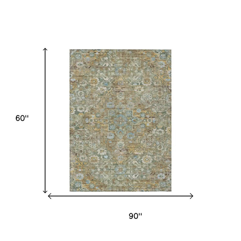 5' X 8' Green And Brown Floral Medallion Washable Indoor Outdoor Area Rug Homeroots Outdoor