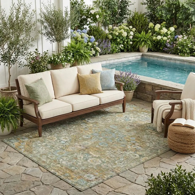 5' X 8' Green And Brown Floral Medallion Washable Indoor Outdoor Area Rug Homeroots Outdoor