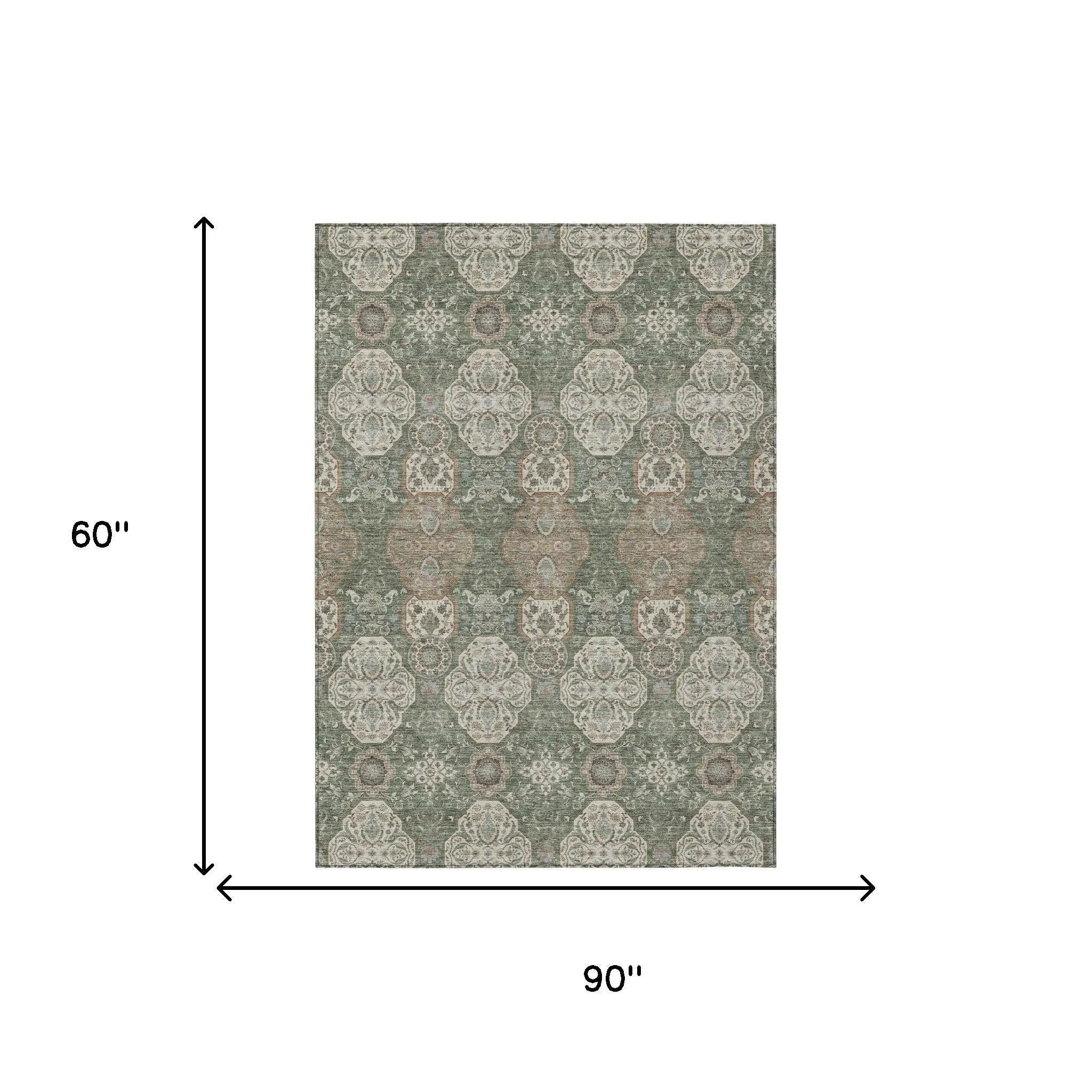 5' X 8' Green And Brown Floral Washable Indoor Outdoor Area Rug Homeroots Outdoor