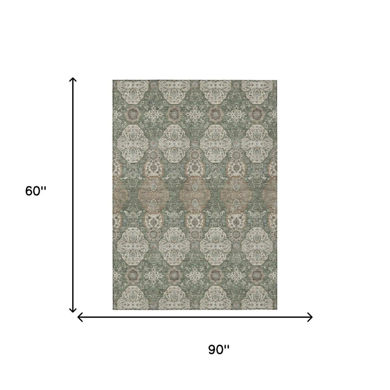 5' X 8' Green And Brown Floral Washable Indoor Outdoor Area Rug Homeroots Outdoor