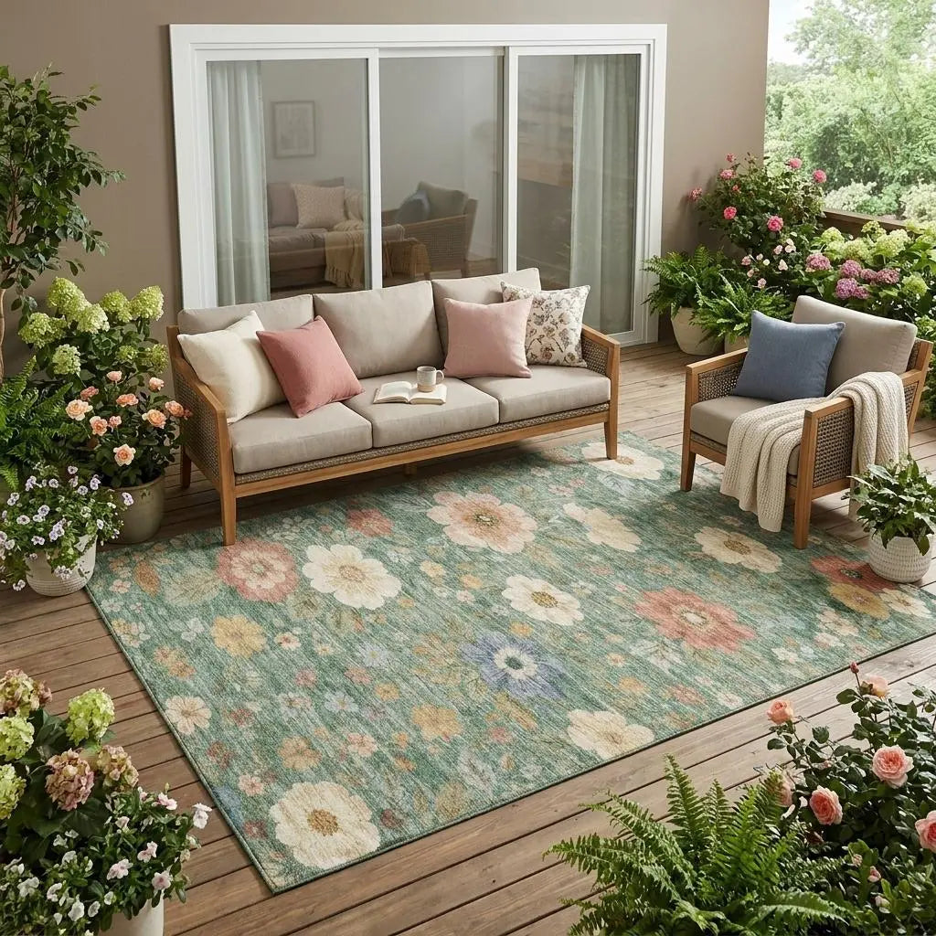 5' X 8' Green And Brown Floral Washable Indoor Outdoor Area Rug Homeroots Outdoor