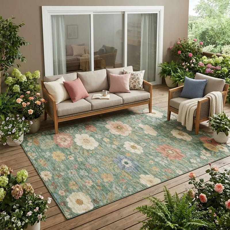 5' X 8' Green And Brown Floral Washable Indoor Outdoor Area Rug Homeroots Outdoor