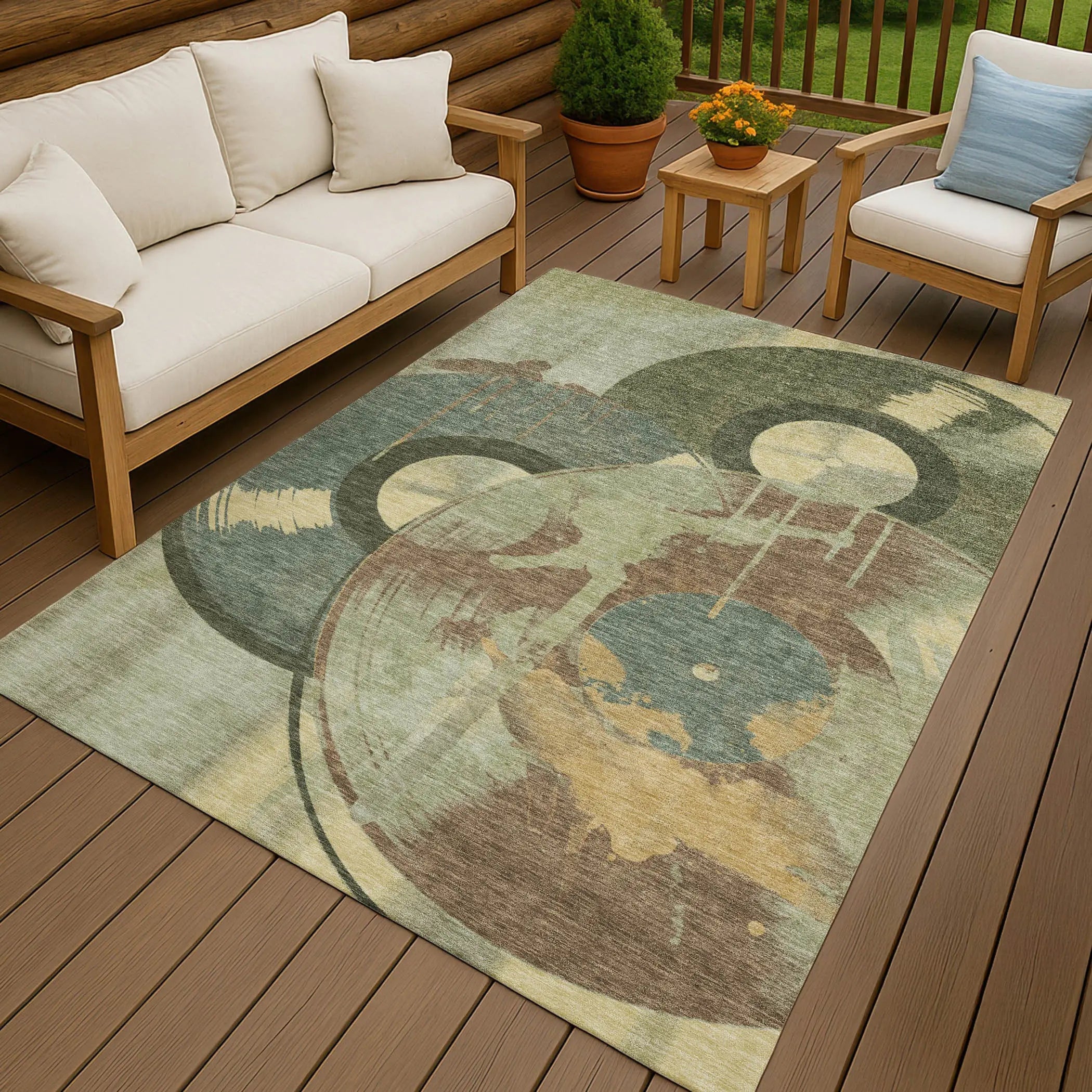 5' X 8' Green And Brown Geometric Washable Indoor Outdoor Area Rug Homeroots Outdoor