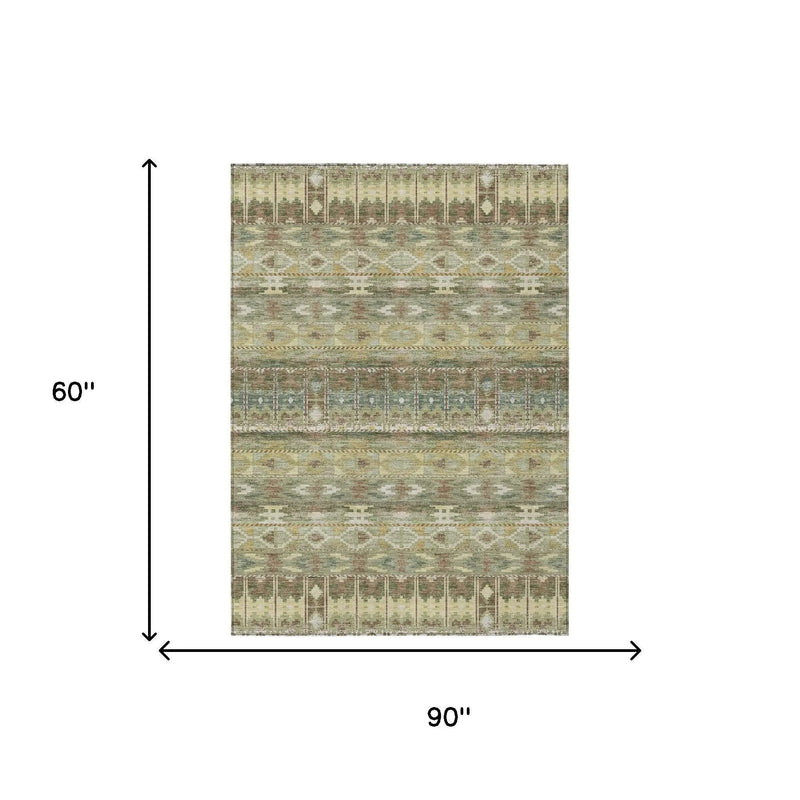5' X 8' Green And Brown Geometric Washable Indoor Outdoor Area Rug Homeroots Outdoor
