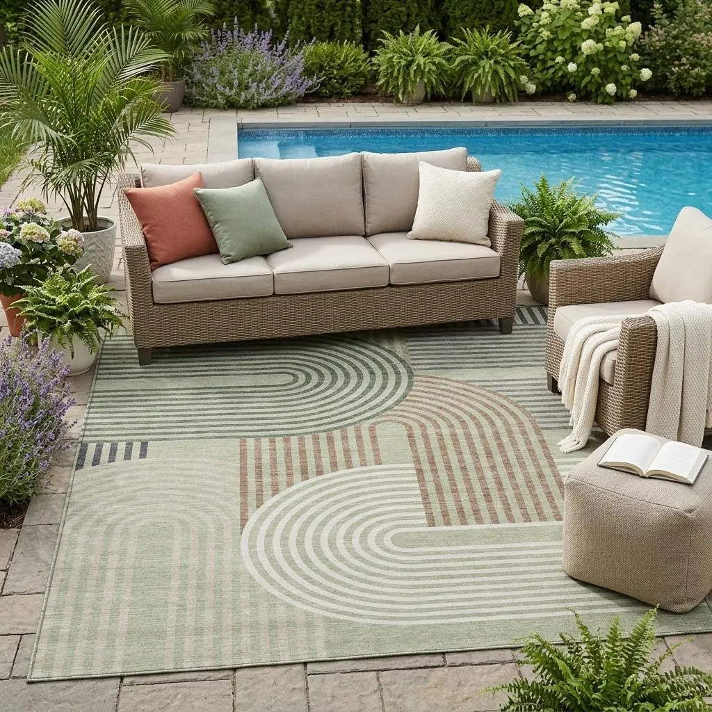 5' X 8' Green And Brown Geometric Washable Indoor Outdoor Area Rug Homeroots Outdoor