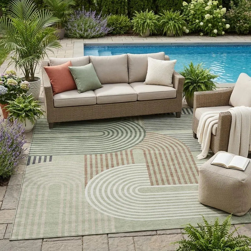 5' X 8' Green And Brown Geometric Washable Indoor Outdoor Area Rug Homeroots Outdoor