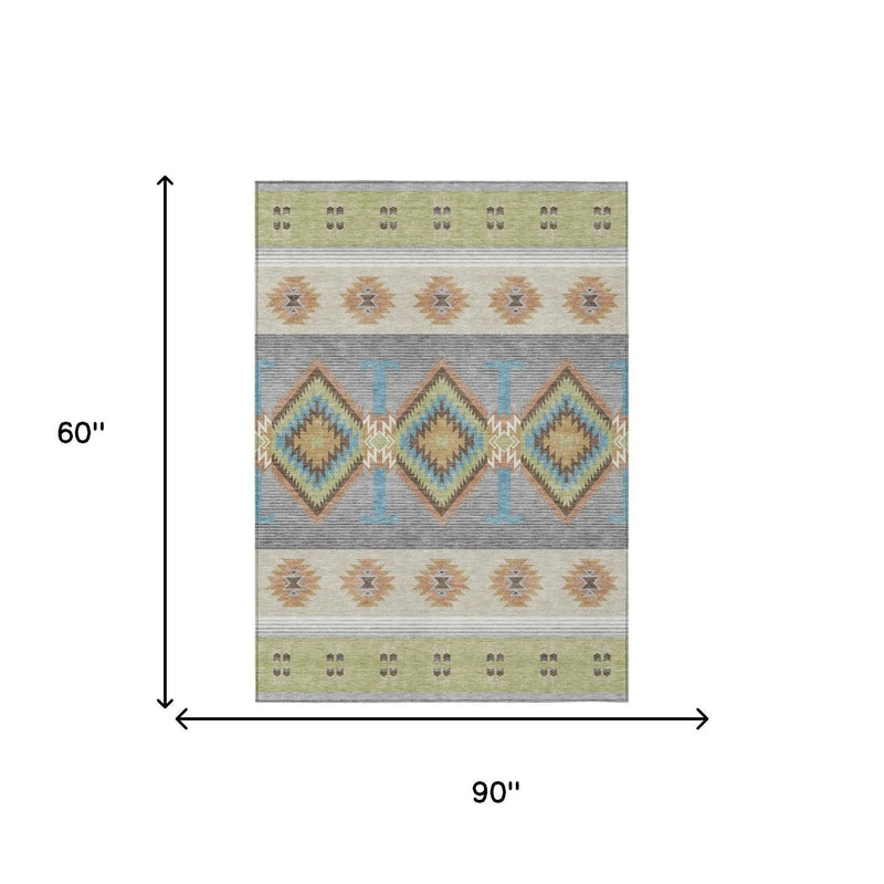 5' X 8' Green And Brown Southwestern Washable Indoor Outdoor Area Rug Homeroots Outdoor