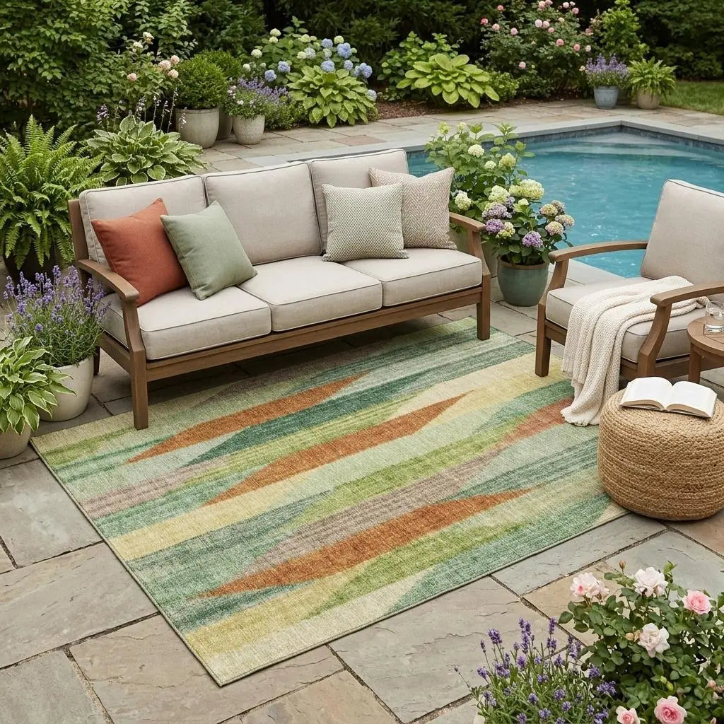 5' X 8' Green And Brown Striped Washable Indoor Outdoor Area Rug Homeroots Outdoor