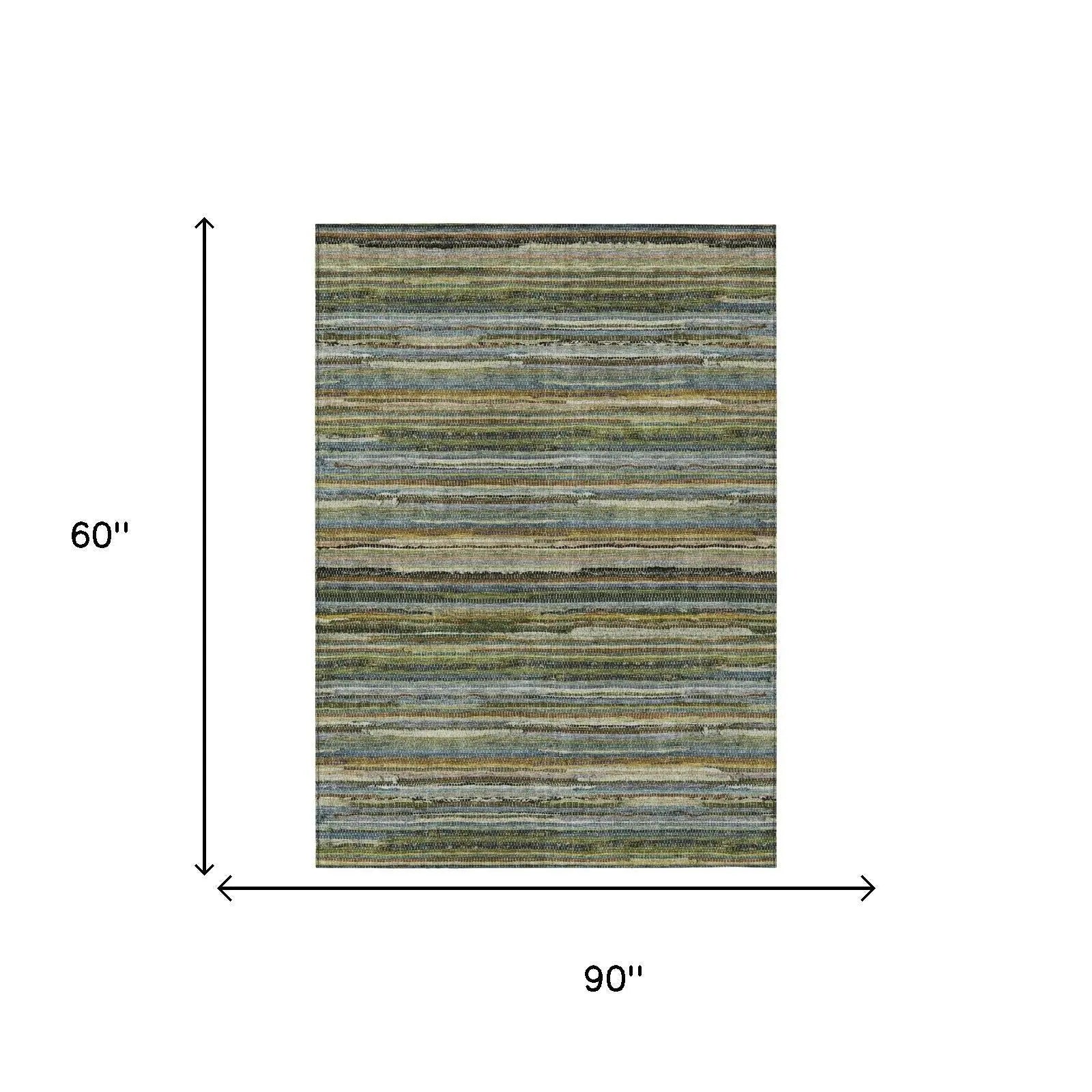 5' X 8' Green And Brown Striped Washable Indoor Outdoor Area Rug Homeroots Outdoor
