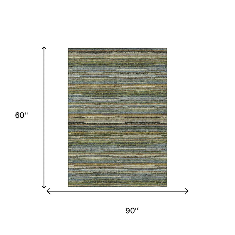 5' X 8' Green And Brown Striped Washable Indoor Outdoor Area Rug Homeroots Outdoor
