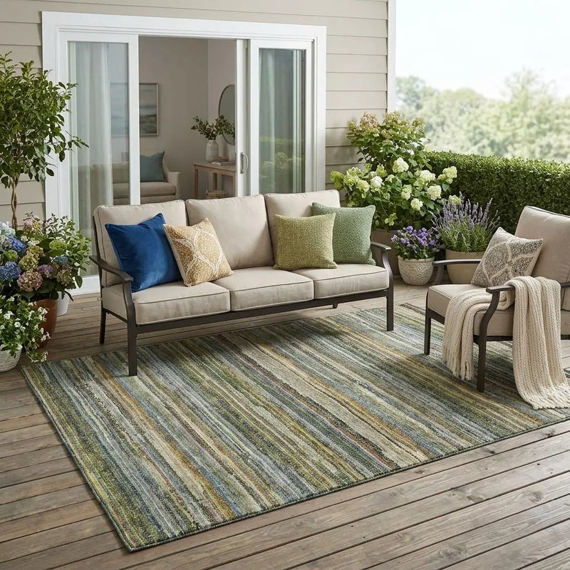 5' X 8' Green And Brown Striped Washable Indoor Outdoor Area Rug Homeroots Outdoor