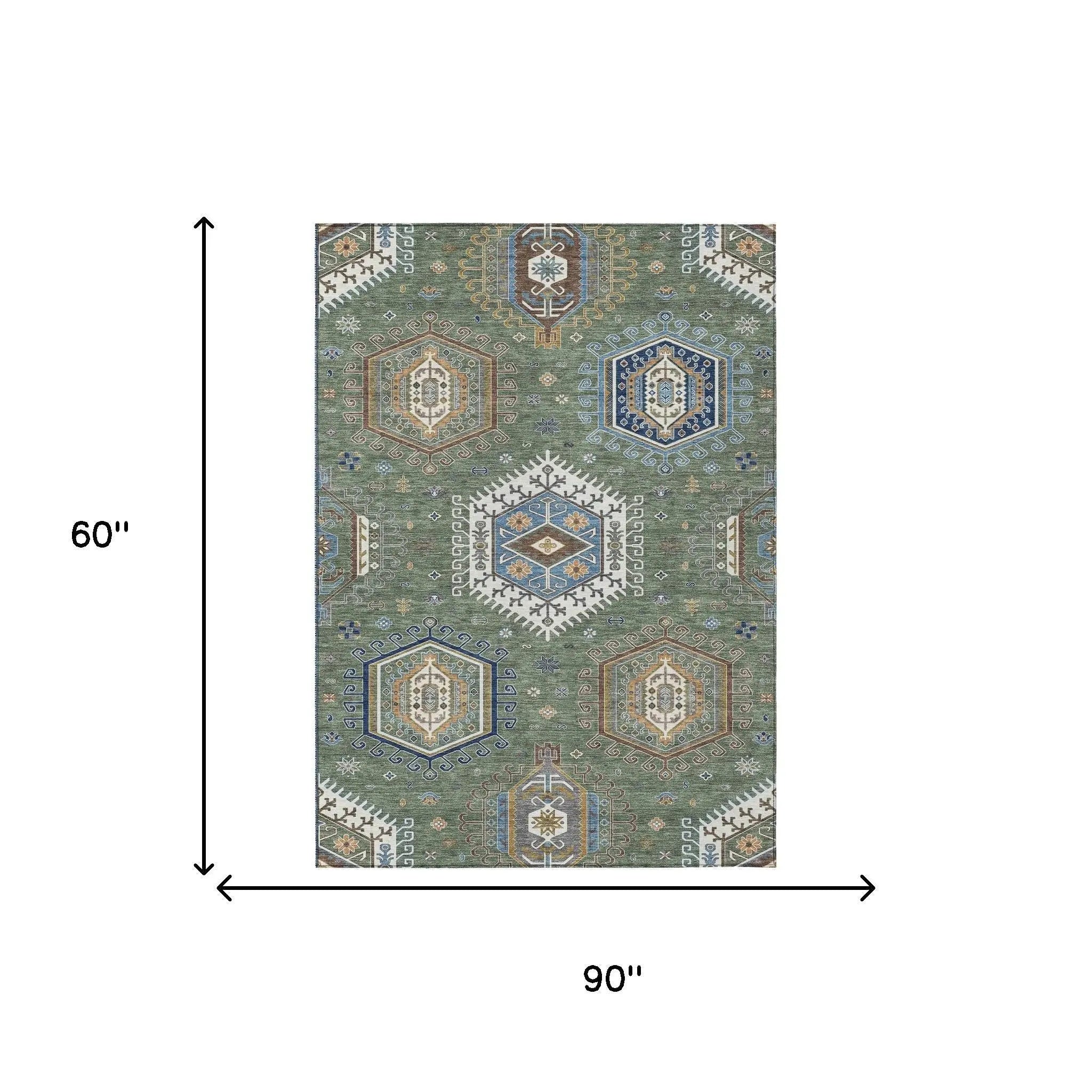 5' X 8' Green And Brown Tribal Washable Indoor Outdoor Area Rug Homeroots Outdoor
