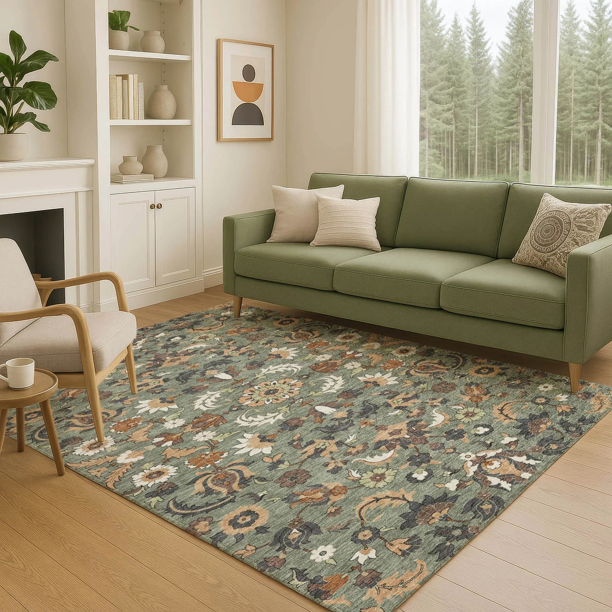 5' X 8' Green And Charcoal Floral Medallion Washable Indoor Outdoor Area Rug Homeroots Outdoor