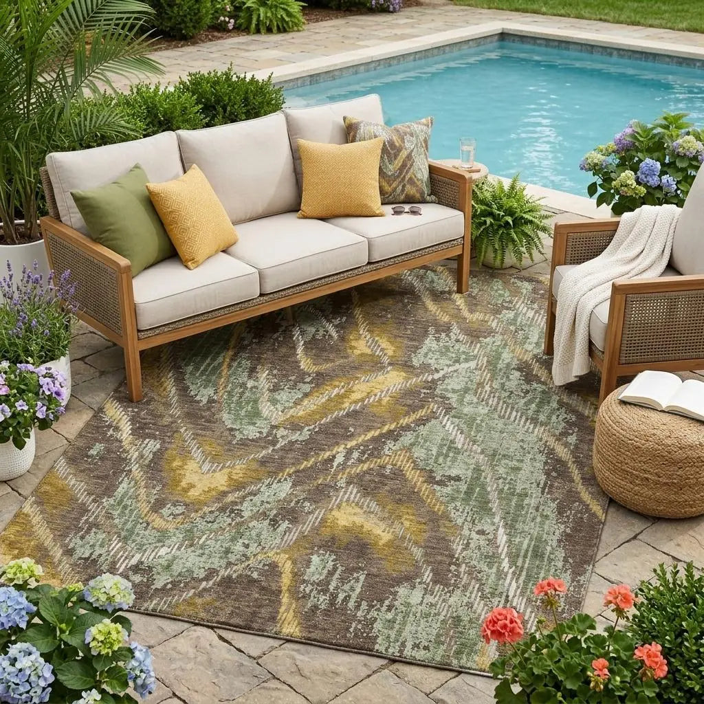 5' X 8' Green And Chocolate Abstract Washable Indoor Outdoor Area Rug Homeroots Outdoor