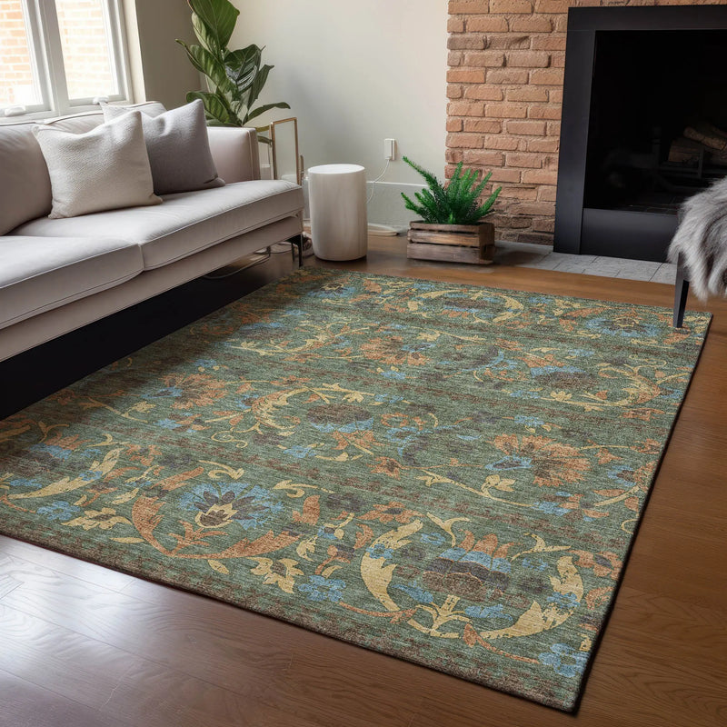 5' X 8' Green And Copper Floral Washable Indoor Outdoor Area Rug Homeroots Outdoor