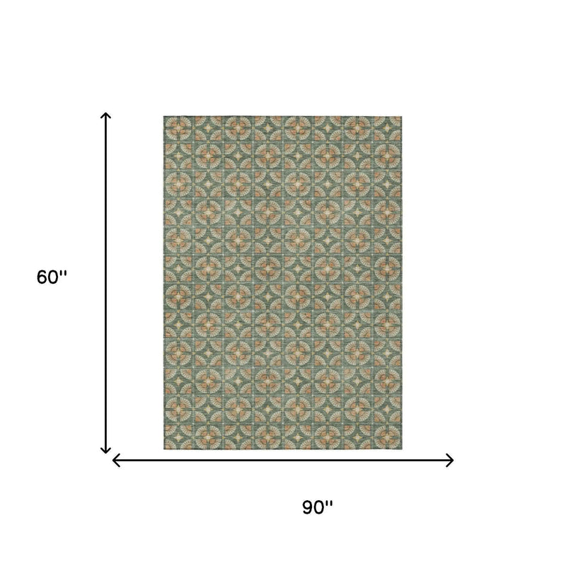 5' X 8' Green And Copper Geometric Washable Indoor Outdoor Area Rug Homeroots Outdoor