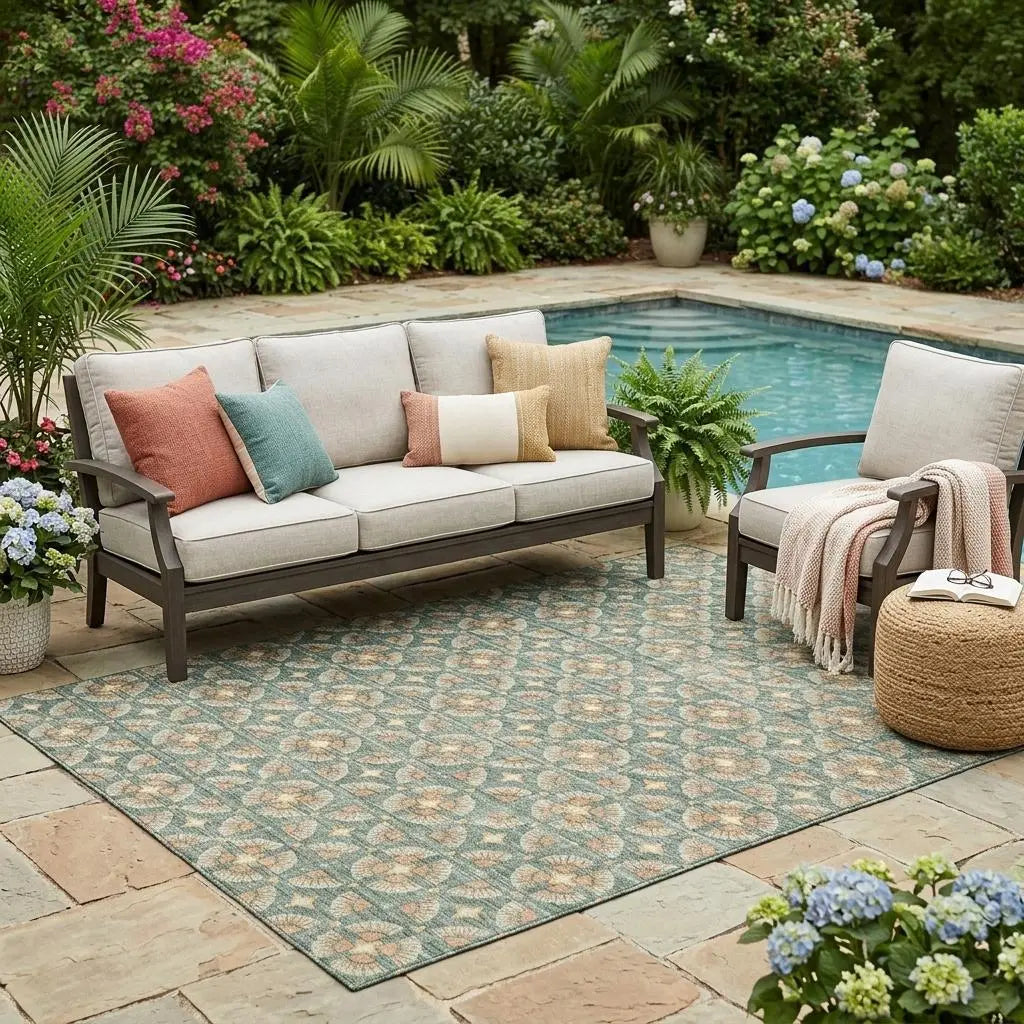 5' X 8' Green And Copper Geometric Washable Indoor Outdoor Area Rug Homeroots Outdoor