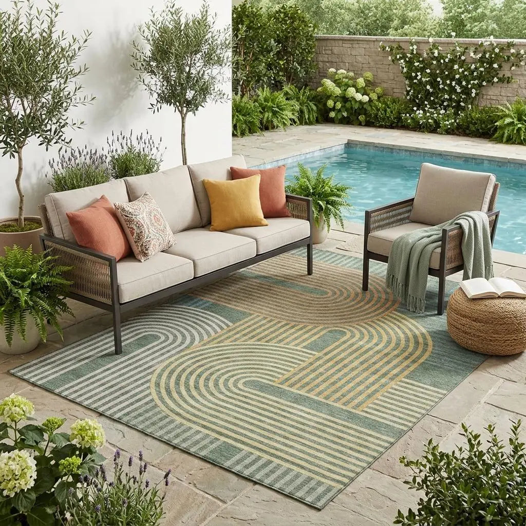 5' X 8' Green And Copper Geometric Washable Indoor Outdoor Area Rug Homeroots Outdoor