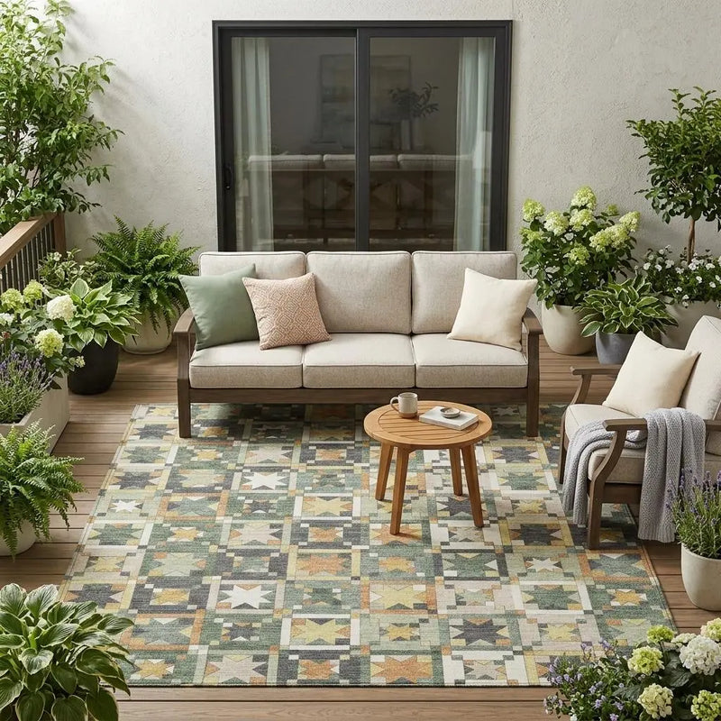5' X 8' Green And Copper Patchwork Washable Indoor Outdoor Area Rug Homeroots Outdoor
