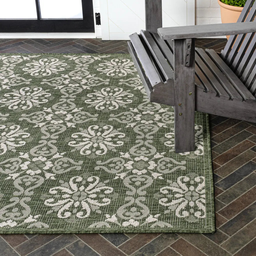 5' X 8' Green And Cream Floral Indoor Outdoor Area Rug - GreatEagleInc